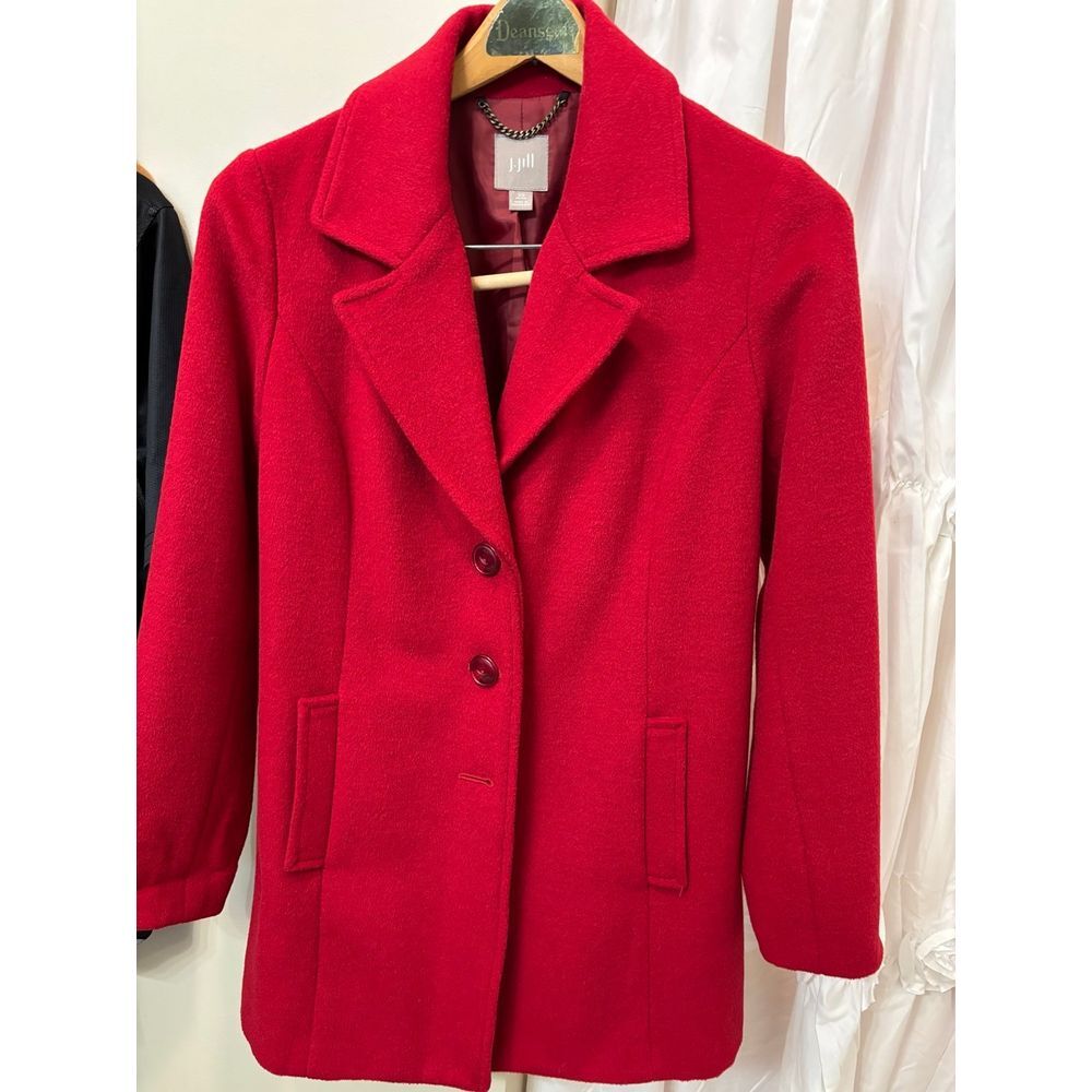 J.Jill Deep Red Wool Blend Pea Coat Dress Jacket Sz XS
